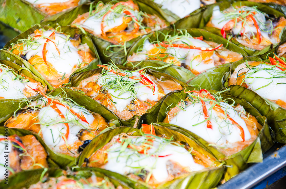 Steamed fish with curry paste, Thai food.