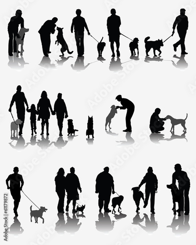 Black silhouettes and shadows of people with dog, vector