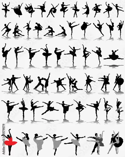 Obraz Black ballerina silhouettes on gray background, vector