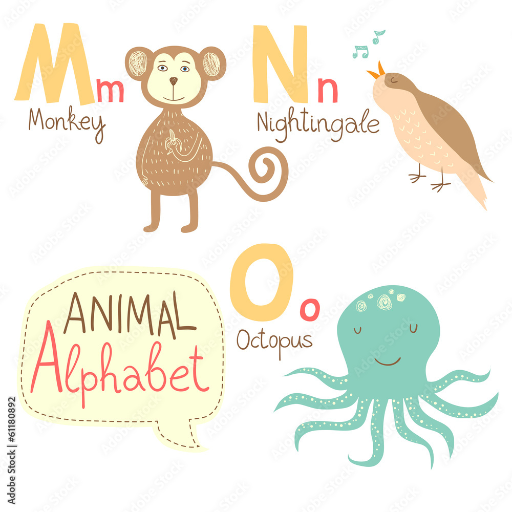 Naklejka premium Cute zoo alphabet in vector. M, n, o letters.
