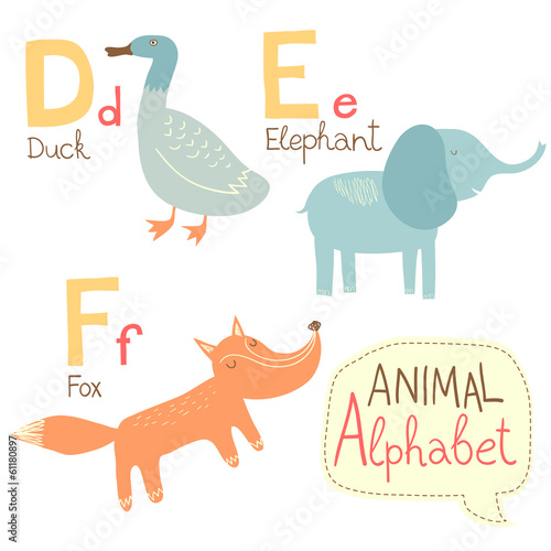 Cute zoo alphabet in vector. D, e, f letters.