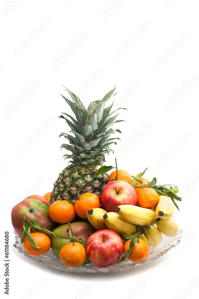 Assortment of juicy fruits on white background