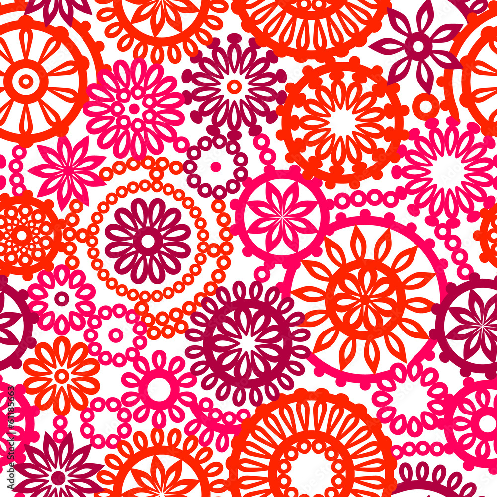 Colorful pink red geometric flowers on white seamless pattern Colorful pink red geometric flowers on white seamless pattern