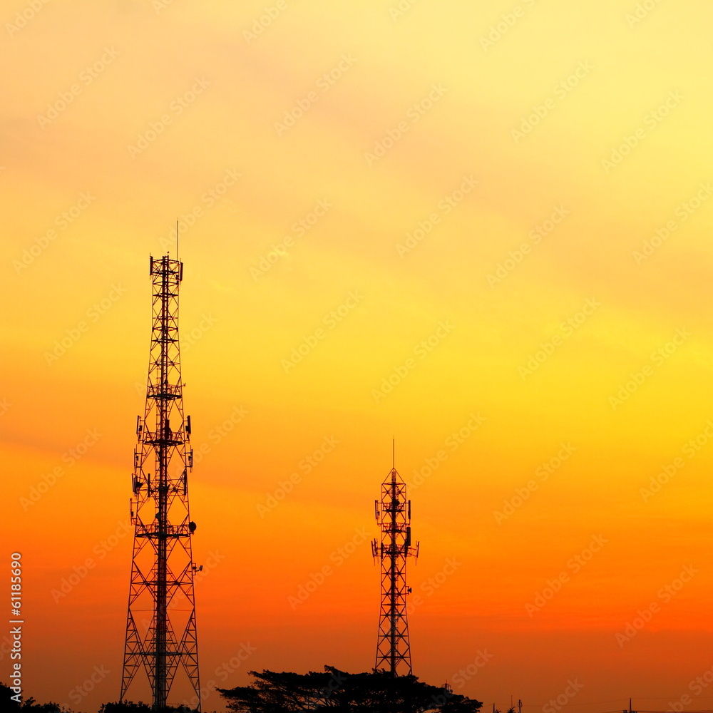 Telecommunication tower at sunset