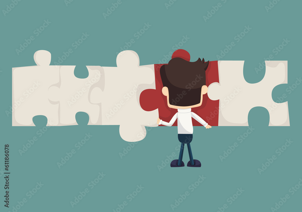 Set of businessman holding up jigsaw puzzle pieces as a solution