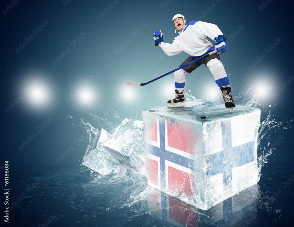 Norway - Finland game. Spunky hockey player on ice cube