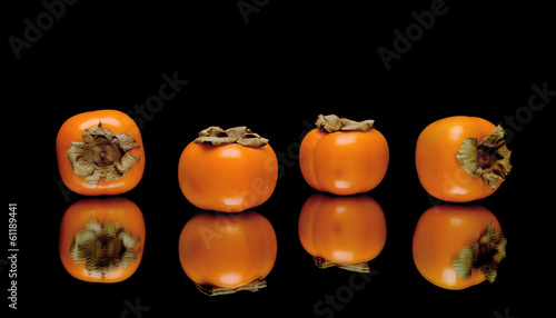 persimmon on a black background with reflection closeup