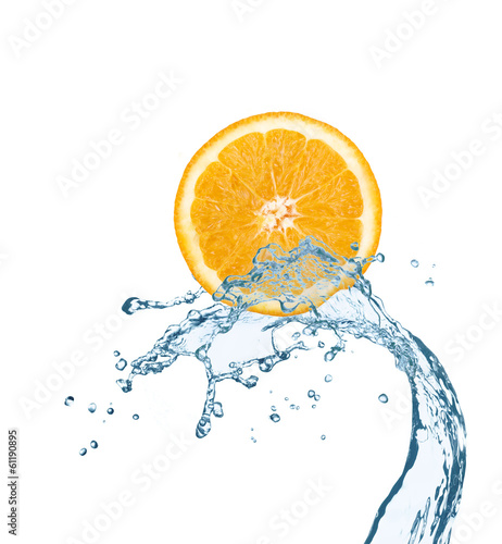 Fototapeta Naklejka Na Ścianę i Meble -  Orange is Dropped into Water splash on white