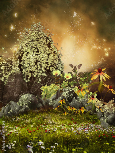 Fototapeta Zaczarowana łąka z kamieniami, kwiatami i motylami