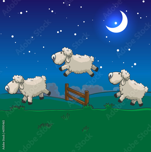 Three sheep  jumping over the fence. Count them to sleep.