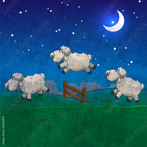 Three sheep  jumping over the fence. Count them to sleep.