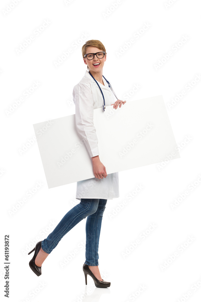 Female doctor walking with banner. Female doctor walking with banner.