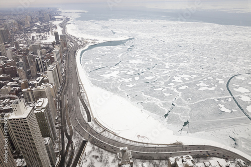 Chicago city lake Michigan shoreline in a winter