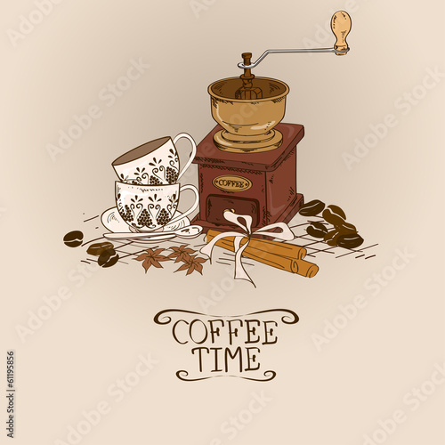 Illustration with vintage coffee grinder and cups