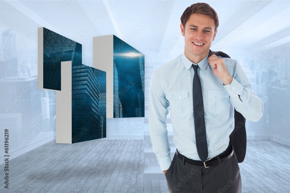 Composite image of smiling businessman holding his jacket Composite image of smiling businessman holding his jacket