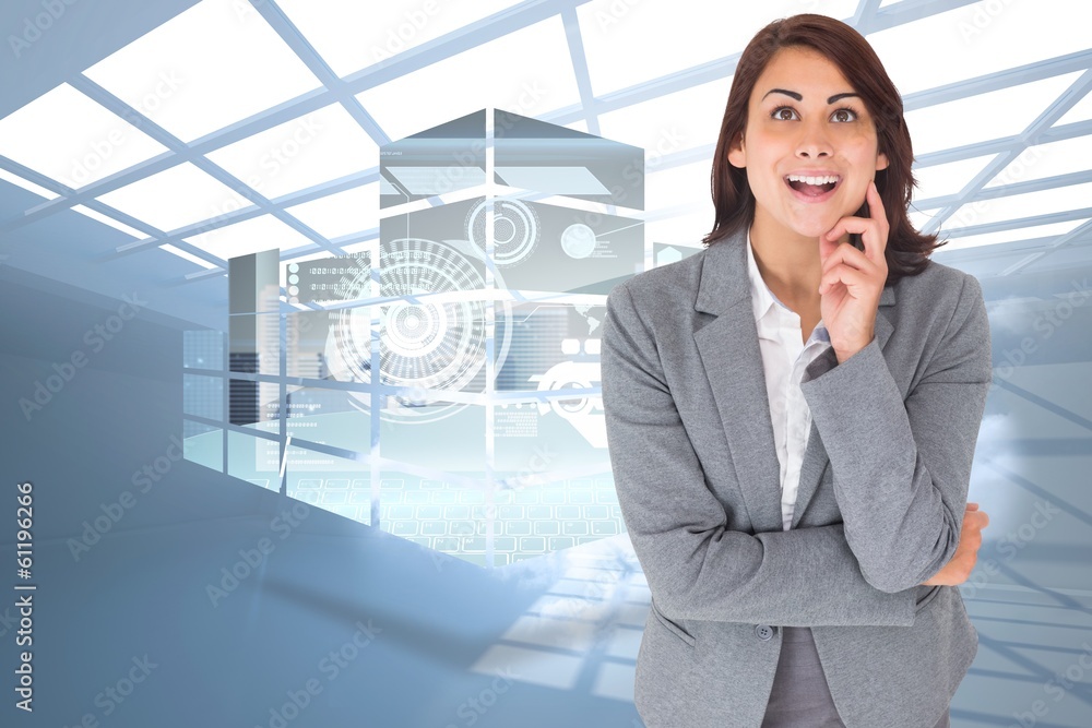 Composite image of smiling thoughtful businesswoman Composite image of smiling thoughtful businesswoman