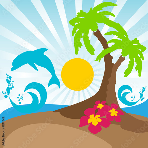 Graphic Design - palm, flowers, waves and dolphin photo