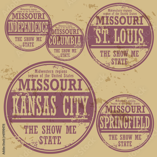 Grunge rubber stamp set with names of Missouri cities