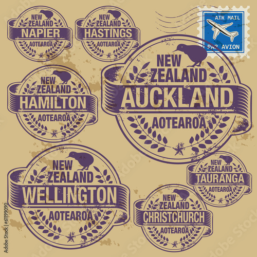 Grunge stamp set with names of New Zealand cities