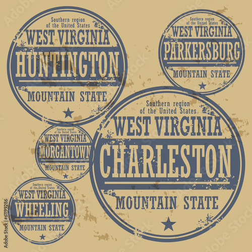 Grunge rubber stamp set with names of West Virginia cities