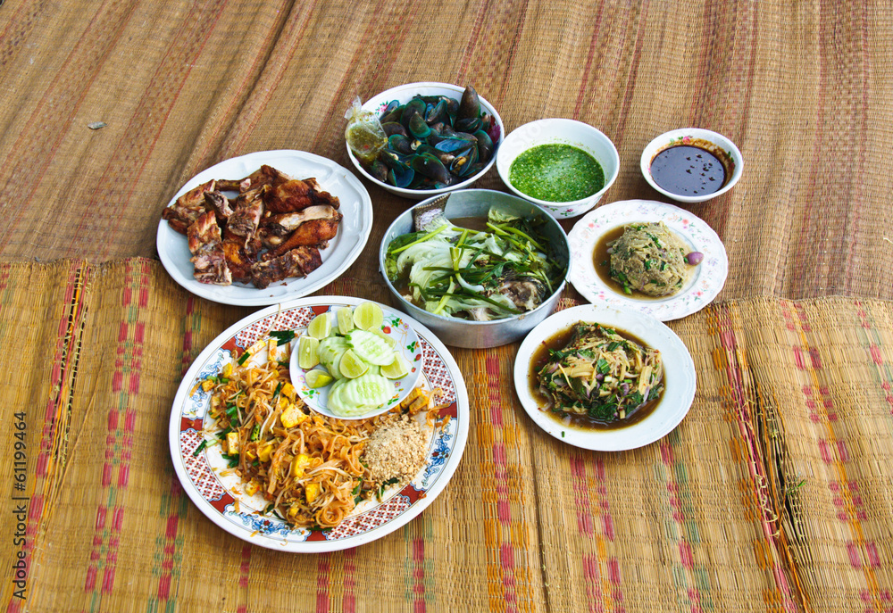 Thai Dinner set,Rice, curry,spicy pork basil on mad,Thai style