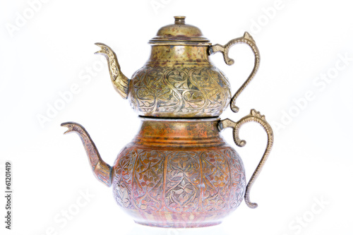 Antique style engraved copper Turkish teapot