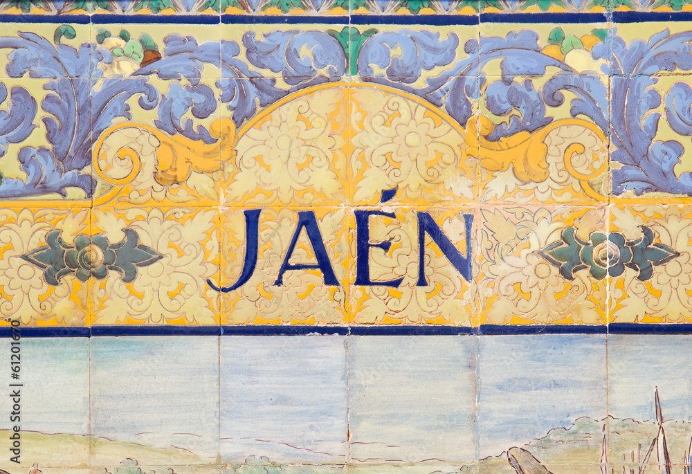 Fototapeta premium Jaen sign over a mosaic wall