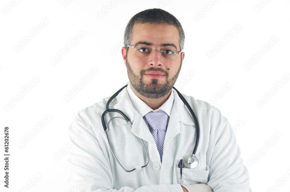 Close-up of a doctor holding a stethoscope with his arms crossed