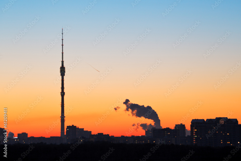 TV tower and blue and orange sunrise in Moscow