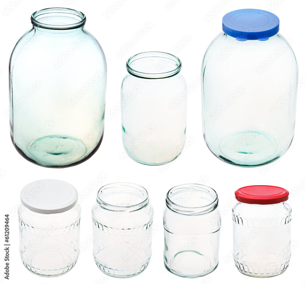 set of different size glass jars isolated set of different size glass jars isolated