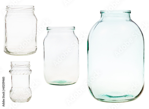 set of open glass jars isolated on white