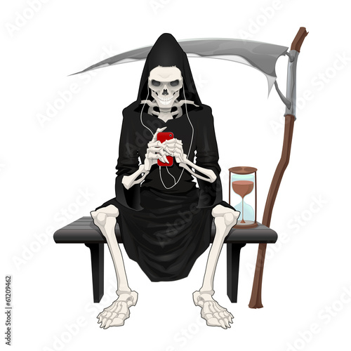 The death sitting on a bench.