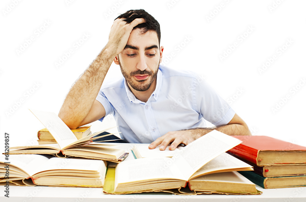 Student preparing for the exams on white background Student preparing for the exams on white background