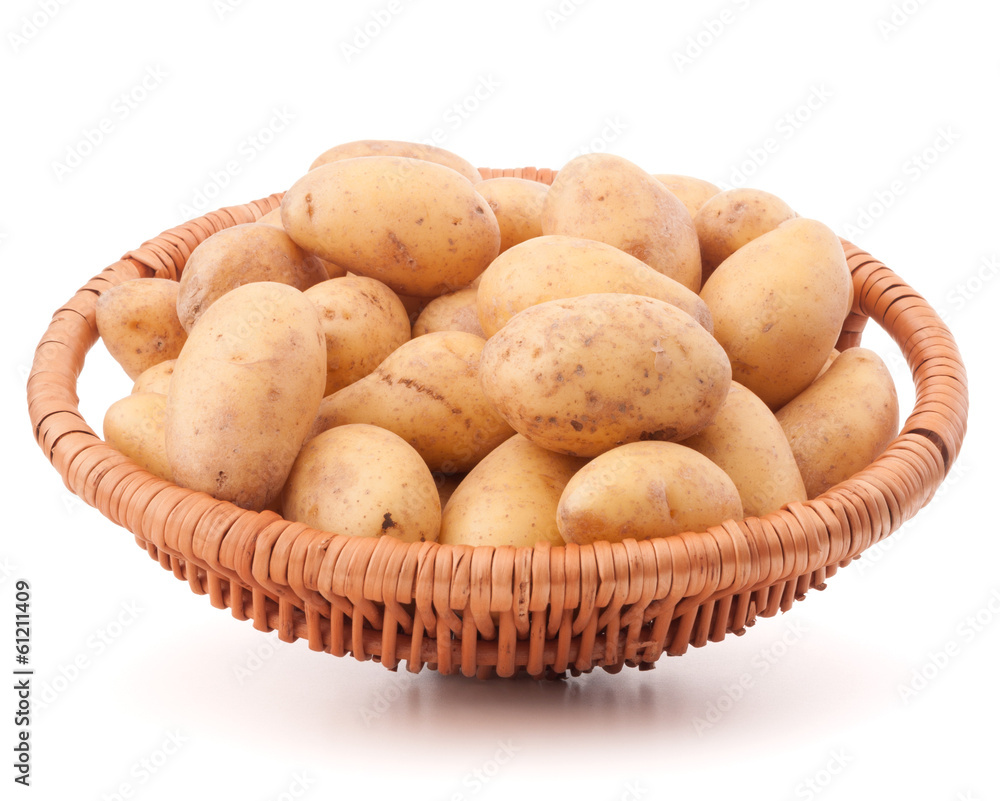 Potato tuber in wicker basket isolated on white background Potato tuber in wicker basket isolated on white background