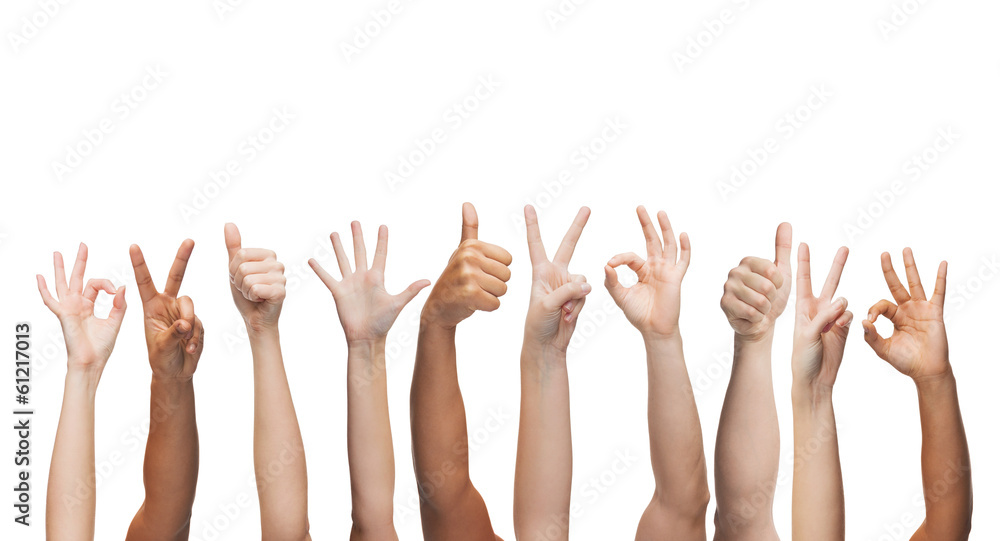 human hands showing thumbs up, ok and peace signs human hands showing thumbs up, ok and peace signs