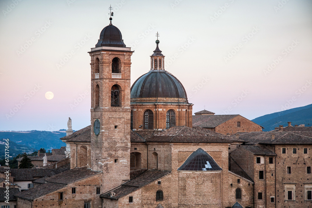 evening panoramic view of the city of Urbino, Italy