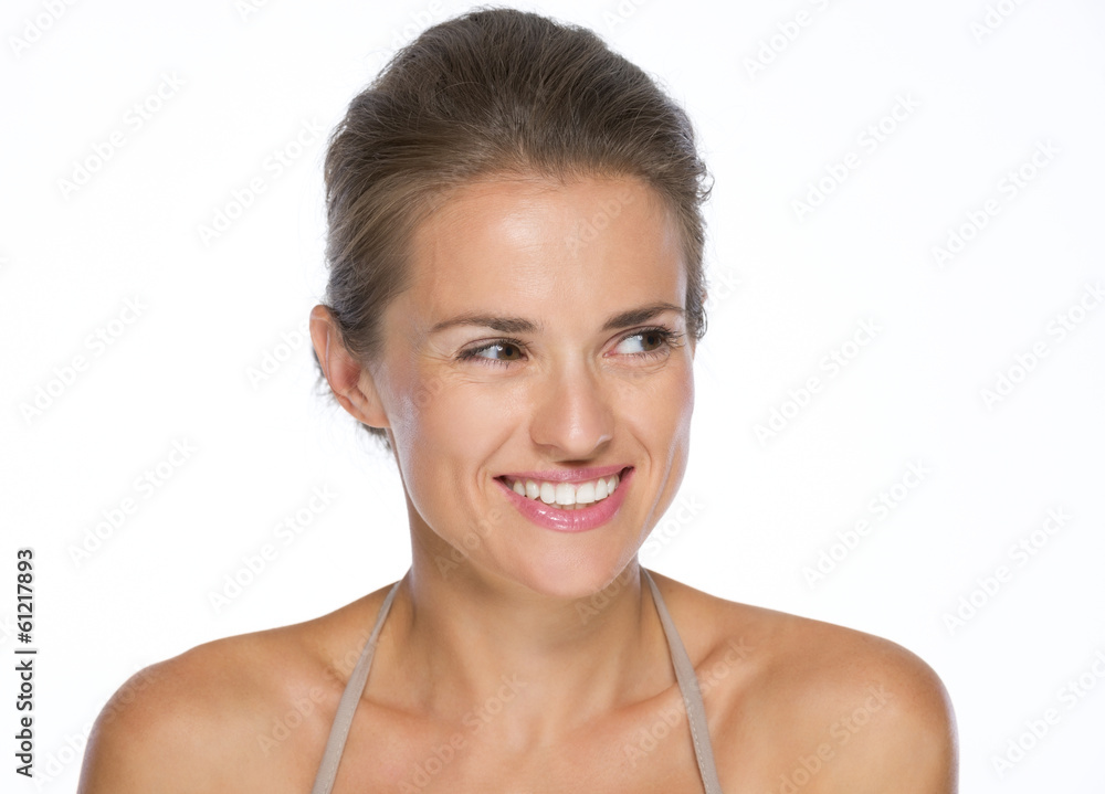 Happy young woman looking on copy space Happy young woman looking on copy space
