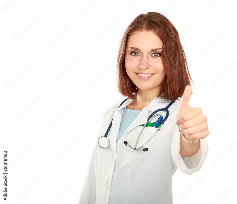 A female doctor shows a sign okay isolated on white background