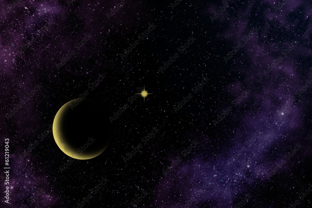 Crescent moon, yellow star and nebula