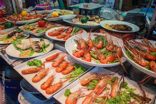 Stall with seafood at Chatuchak market, Bangkok, Thailand