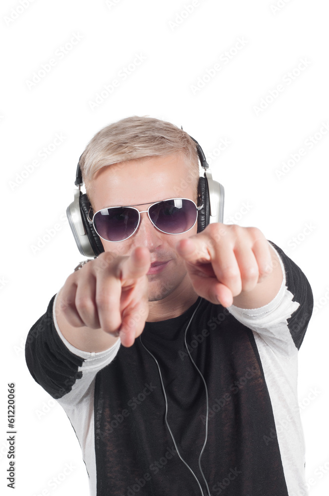 Man with headphones pointing his fingers Man with headphones pointing his fingers