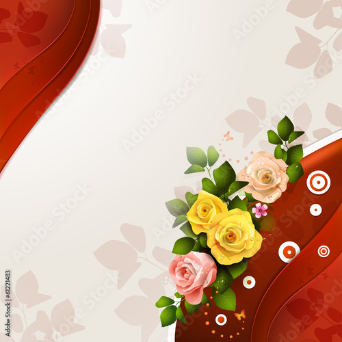 Red background with roses and butterflies
