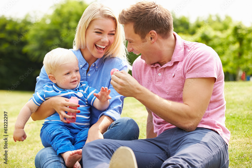 Fototapeta premium Parents Blowing Bubbles For Young Boy In Garden