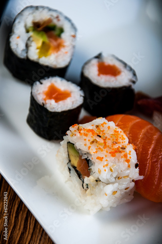 Healthy and tasty Japanese sushi with seafood