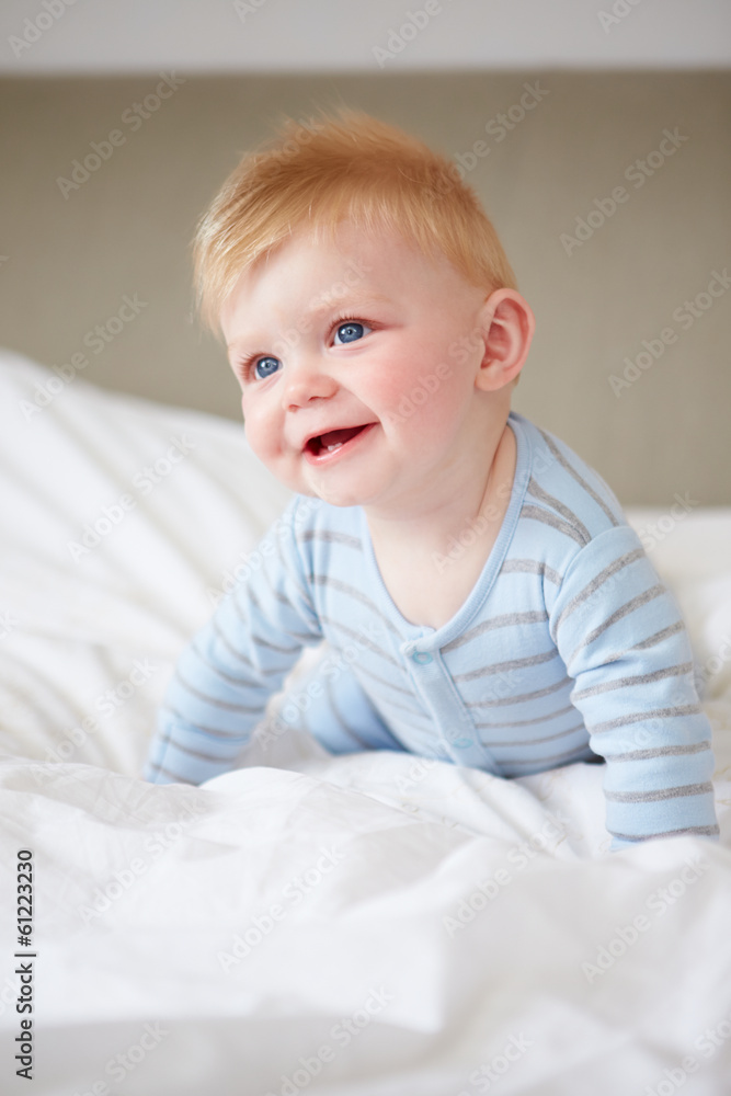 Young Baby Boy Playing In Bed Young Baby Boy Playing In Bed