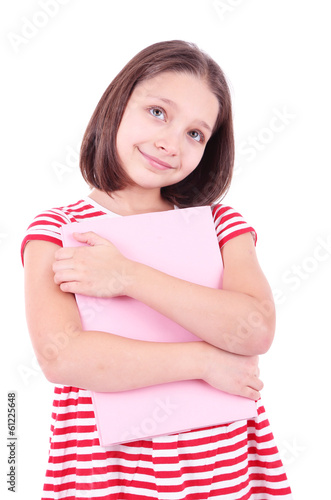 Beautiful little girl with book, isolated on white