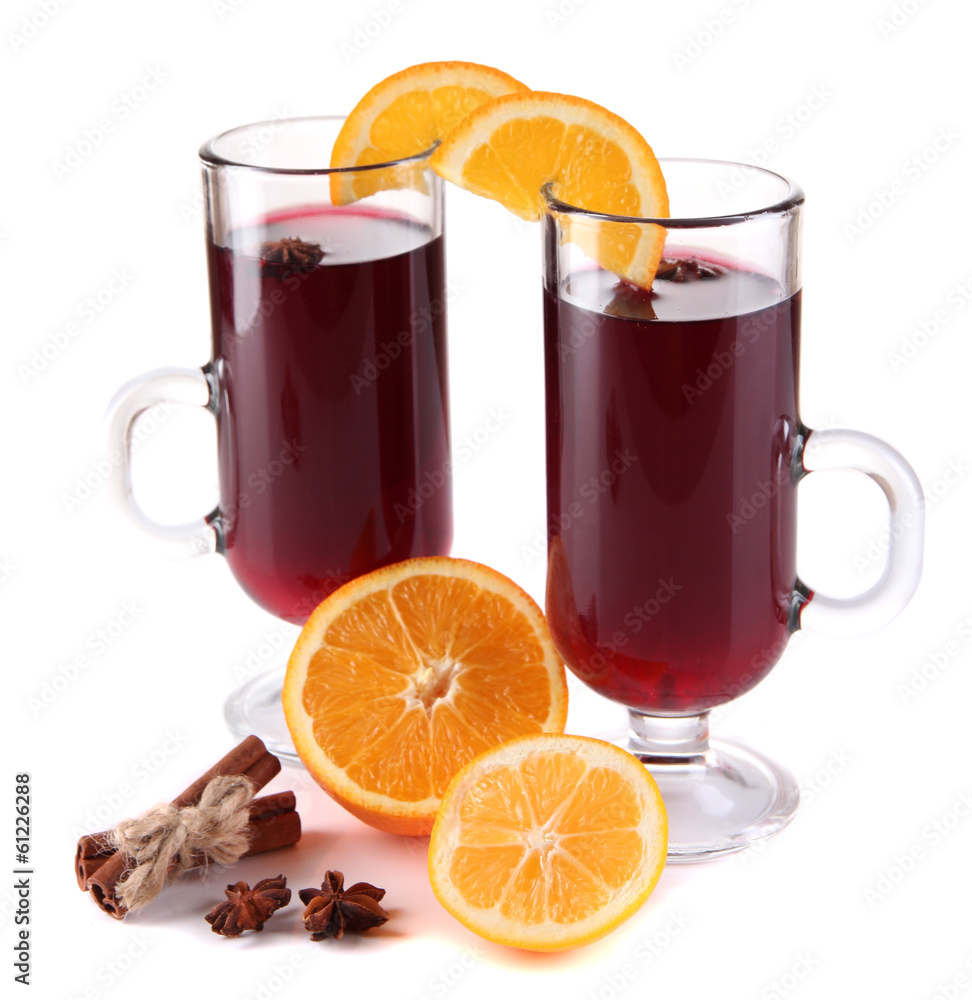 Mulled wine with oranges and spices isolated on white Mulled wine with oranges and spices isolated on white