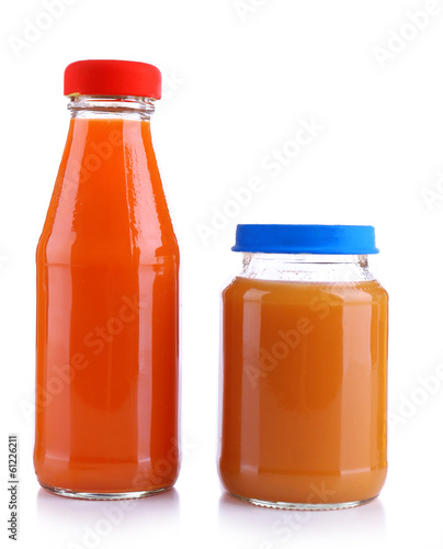Baby food in glass jars, isolated on white