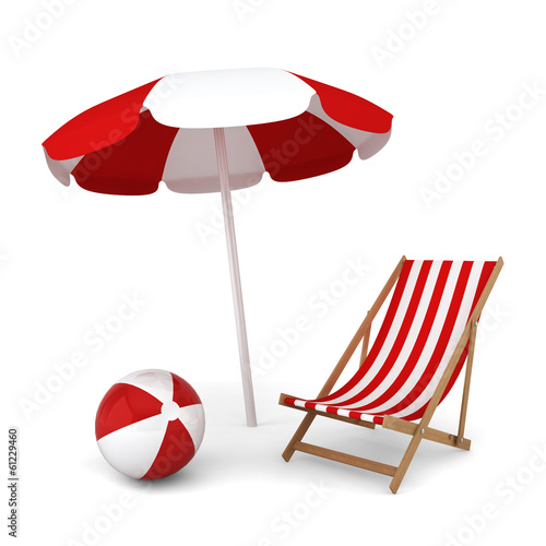 Beach umbrella, chair and ball