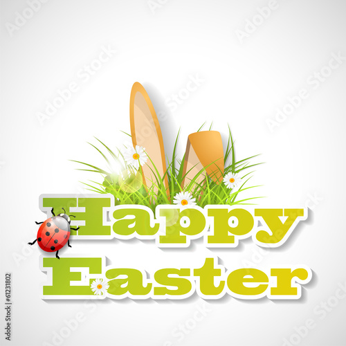 Words Happy Easter with fresh grass, ears of bunny and a ladybug